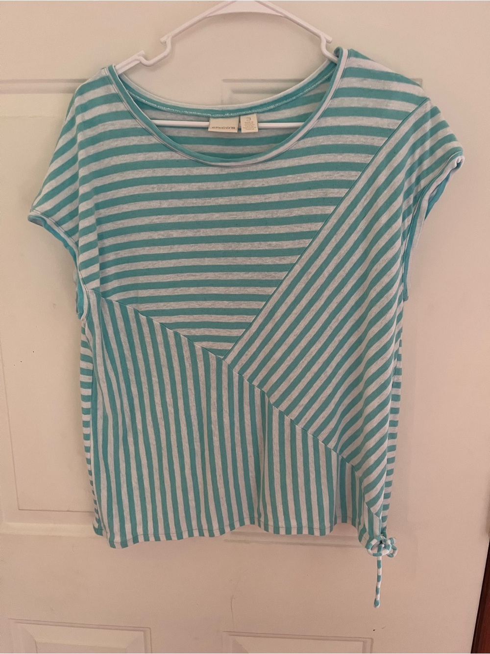 Chico's size 3 (equiv size 16) Teal & White Striped Short Sleeve Tee w/Side Tie